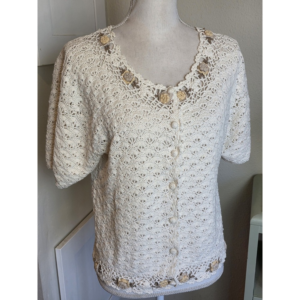 Shenanigans Button Up Cardigan Sweater S/M Ivory Embroidered Cotton Poly